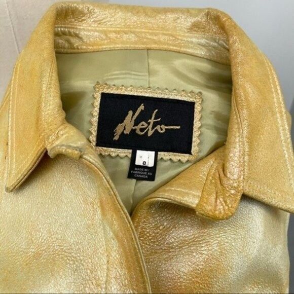 Vintage Neto yellow metallic sheen leather shaket jacket size 8 Y2K BoxM - Picture 3 of 7